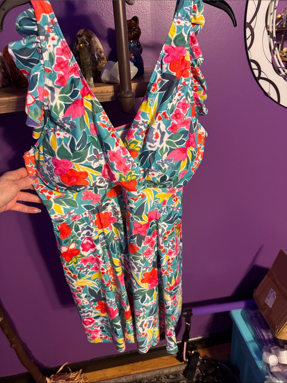 Teal Floral Ruffle-Trim Women’s One-Piece Swimsuit